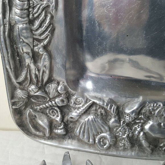 Metal Serving Platter and Spoon Fork Sea Creatures Coastal 3 Pc BETTY BARRENA - Picture 3 of 9